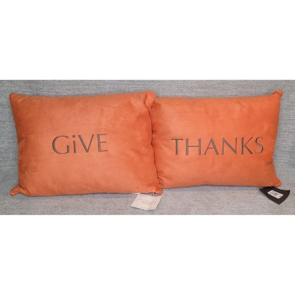 Pottery Barn GIVE THANKS Orange Lumbar Throw Pillows‎ Fall Autumn 12x16 w TAGS